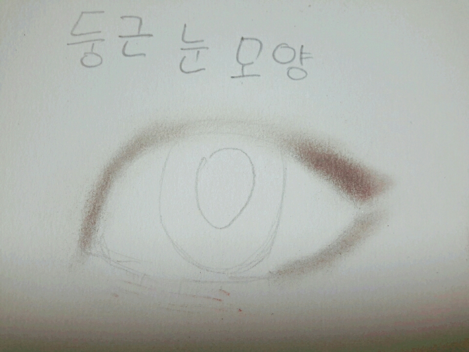 먼저 둥근 눈 모양은 가로로 길어보이게 착시효과를 나타내기 위해서 눈 앞머리와 뒷 부분을 음영을 뽝 주셔야 되요
