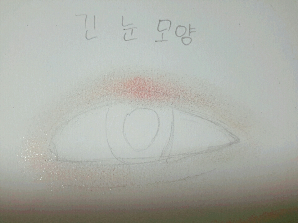 가로로 긴 눈은 둥근모양과 반대로 눈두덩이 중간이 튀어 나와보여야 하거든요 그래서눈두덩이 중간에 펄을 칠해주시면 되요 그리고 눈이 커보이기 위해 애굣살 그림자를 만들어 주시면 좋아요