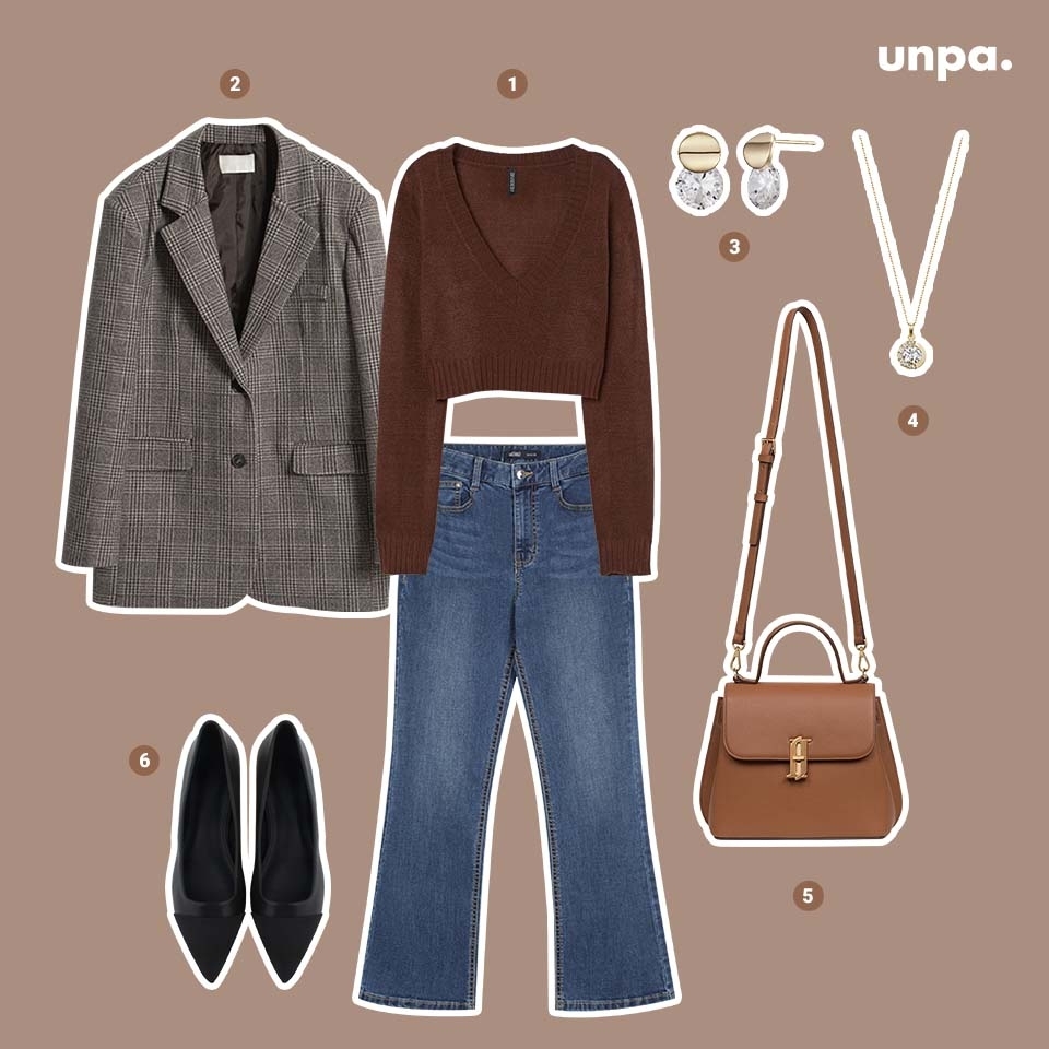 1. H&M 니트 스웨터
2. NAIN (JK-2357)울 소프트 체크 자켓
3. HAESOO.L  YUE4383
4. HAESOO.L JM726
5. J.ESTINA JOELLE MUAH MD 사첼
6. 모노바비 아뉴얼

F/W 시즌 차분하고
우아한 무드를 선사해 주는
체크 자켓을 메인으로
데일리룩, 오피스룩
코디를 연출해 보았어 -

전체적으로 브라운
컬러를 매치하면
감각적이고 시크한 느낌을
선사해주는 것 같아!

또, 가을겨울에는 필수템!
체크자켓 컬러 매치나
함께 어울릴 아이템이 고민이라면
요 스타일링을
참고해보면 좋을 것 같아 :)