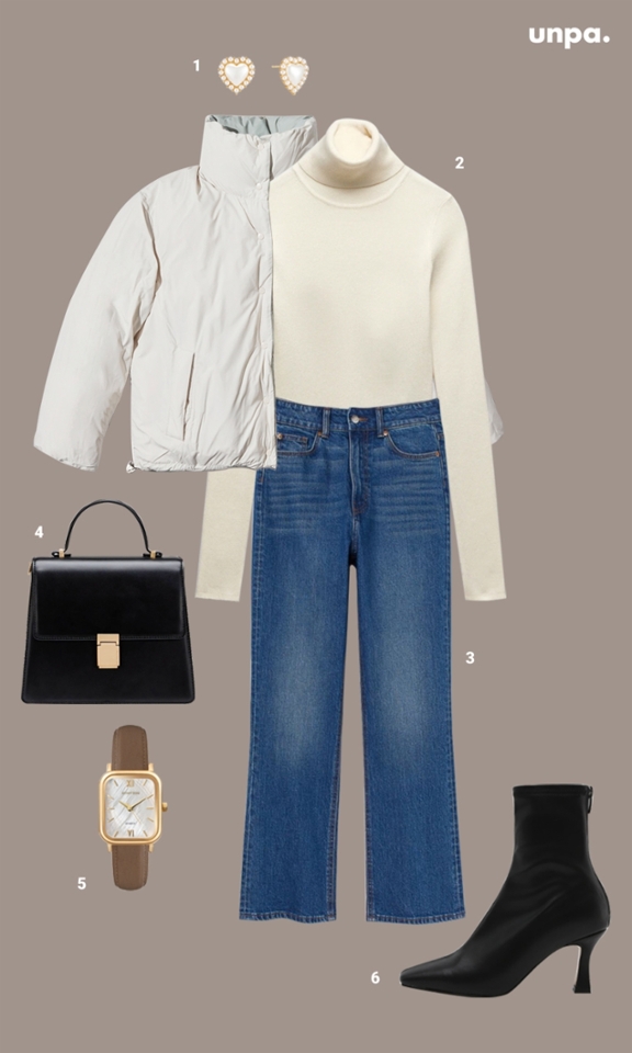 1.TATIANA JEWELRY  아멜리 하트 귀걸이
2.ZARA HIGH NECK KNIT SWEATER
3.H&M 플레어 하이웨이스트 앵클 진
4.PAULS BOUTIQUE  프레피
5.RUMTTON  자개 시계 하버 여성 가죽 손목 시계
6.SAPPUN  리트린 스판 앵클부츠

숏패딩을 활용해 깔끔한 겨울 오피스룩을 제안해 볼게!
아이보리 숏패딩에 비슷한 컬러 계열의 니트를 선택해
밝고 따뜻한 무드의 겨울룩을 완성해 보았어 : )

청바지로 캐주얼하면서,
아우터와 대비되는 검은색
가방과 부츠를 코디해  시크한 멋까지!
월요병을 잊게 해주는 세련된 코디로 추천할게♥