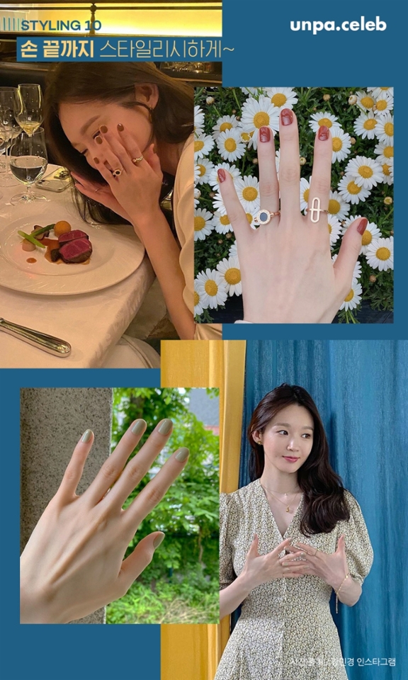 얼굴도 너무 예쁜데 길고 하얀
예쁜 손을 가진 강민경은 화려한 디자인보단 
이렇게 심플한 원 컬러 네일을 즐겨하더라구

감각적인 네일 컬러뿐만 아니라 
다양한 디자인 반지를 레이어드해
손끝까지 스타일리시하고 
여성스러운 패션을 완성했어

아무래도 여름이라 옷을 많이 걸치기 힘든데
이렇게 원컬러 네일아트와 
다양한 주얼리로 함께 꾸며준다면
그날의 룩이 더 예뻐 보일 것 같아 :-D