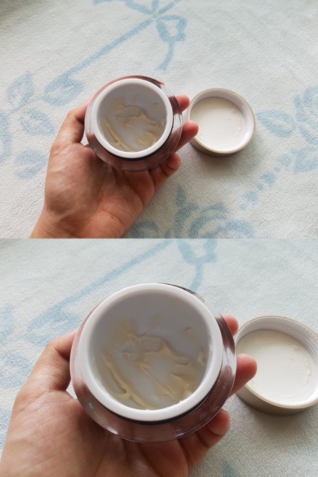 
자! 

그 어떤 설명보다도 가장 궁금해하실, 
크림의 제형과 발림성 등을 보여드릴게요. 

보시다시피 이제 바닥을 보이고 있어요.

#공병템 #공병리뷰 맞죠?😊😊

-

크림은 베이지에서 오트밀 컬러를 띠고 있어요. 

그리고 말랑말랑 푸딩같은 타입 보다는 
꾸덕거리는 연고 밤 타입의 제형이랍니다😊


