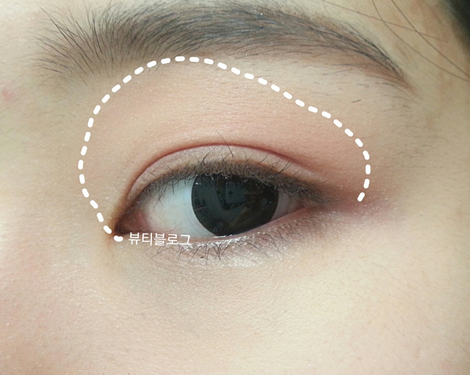 연핑크 새도우를 표시된 부분에 연하게발라줍니다.
아이홀 살짝 오버해서 발라주는거와같아요. 하지만   뒷눈썹 아이홀 윗 부분은 제외하고 발라주세요. 핑크기때문에 너무 과해보일수있어요 

에뛰드-새벽 꽃시장