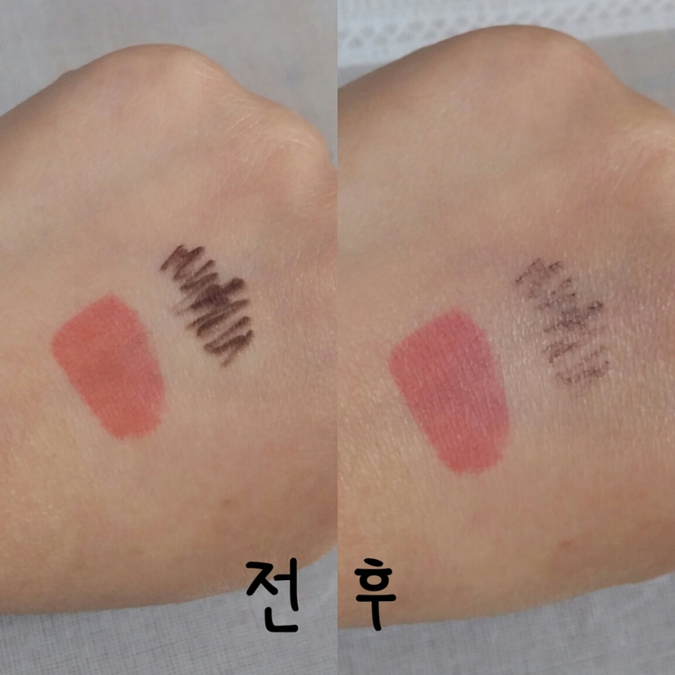커버력은 이정도입니당! 아무래도 밀착력이 우수한 제품이다 보니깐 지속력이랑 커버력은 쪼오오오끔 떨어져요ㅠㅠㅠㅠㅠ