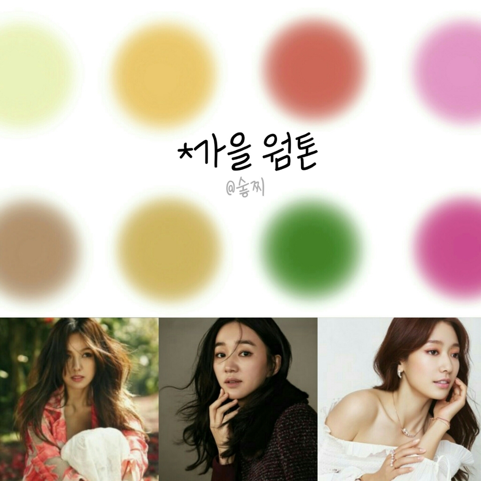 *가을 웜톤*
-봄에 비해 비교적 어둡고, 채도가 떨어진 따뜻한 컬러가 어울리는 타입

가을 웜톤 연예인: 수애, 이효리, 박신혜 등
+가을 웜톤 연예인 분들은 성숙하면서 여성스러운 분위기를 뽐내시는 분들이 많으세요! 가을답게 차분하시기도 하구😍