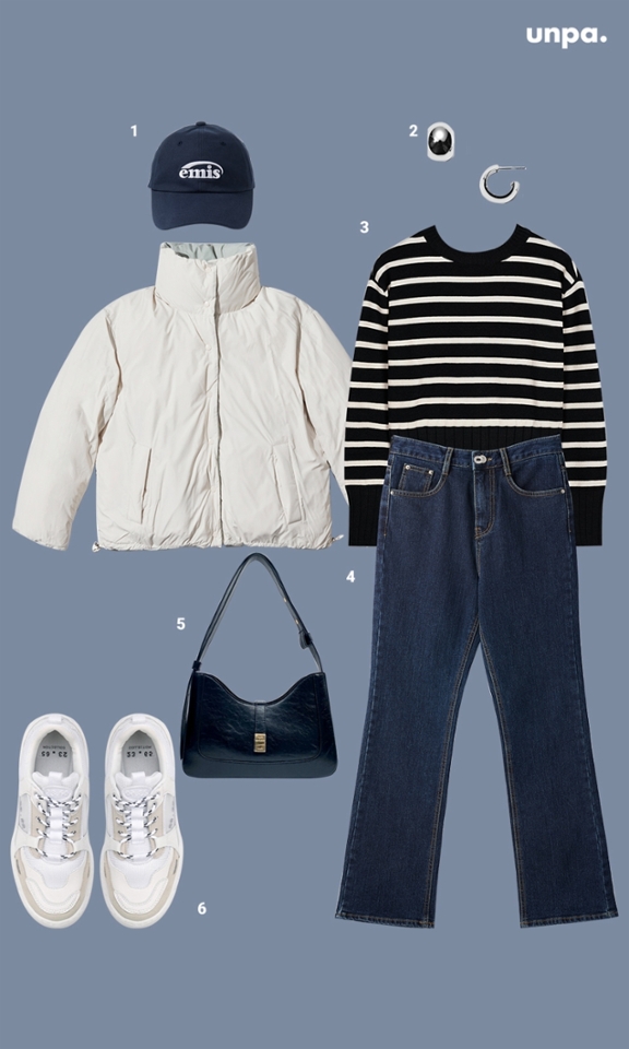 1.EMIS NEW LOGO EMIS CAP
2.alainn bonnie hoop earring
3.MIXXO 크롭 스트라이프 스웨터
4.YOUR NAME HERE Y20-26
5.Be my mood pound middle bag
6. 23.65  V2 WHITE

스트라이프 니트와 패딩으로
완성한 스타일리시한 겨울룩 : )
함께 매치한 캡 모자와
스니커즈가 편안한 느낌을 주어
데이트룩이나 또는
멋스러운 데일리룩으로 참고하기 좋아!