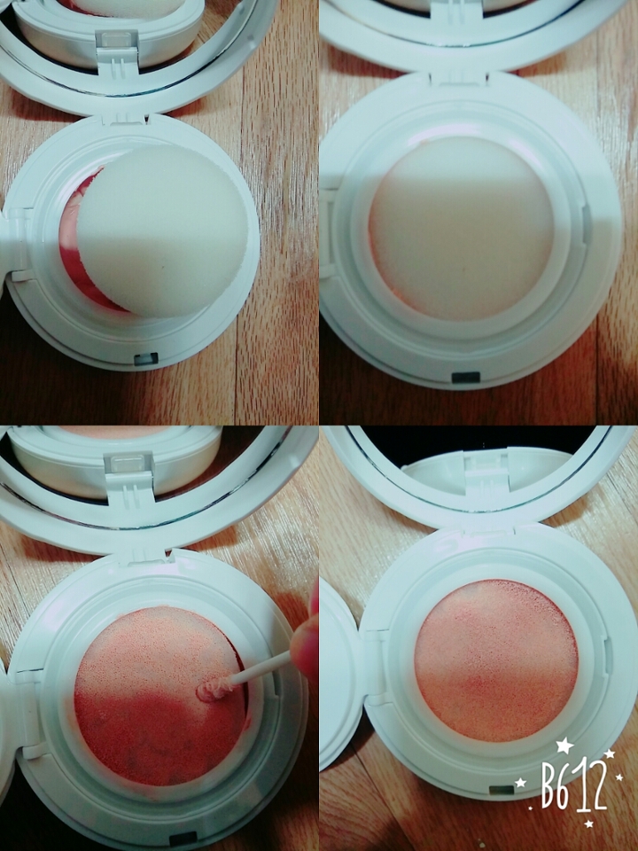 그 담에 쿠션을 넣고 면봉으로 콕콕콕 찍어서 쿠션에 먹여요.