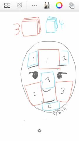 하시면 되구요, 제 얼굴읅을 올릴 순 없으니 대신해서 (발)그림으로 그렸는데 빨간색이 큰 3장, 파란색이 반반 잘라놓은 4장이예요 사람마다 다르게 붙일 수 있으니까 그림은 참고만 하세요~~