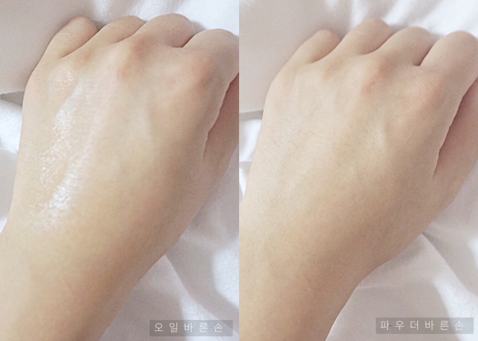 손등에 오일을 발라준후, 그위에 이니스프리 
파우더를 발라줘 보았어요! 
이 파우더는 건성용으로 나온거라 필요한 수분은 남겨두고 피지들만 잡아 주어서 얼굴에 발라 주었을때 피부가 당기는 느낌이 없어서 부담스럽지 않고 좋았어요