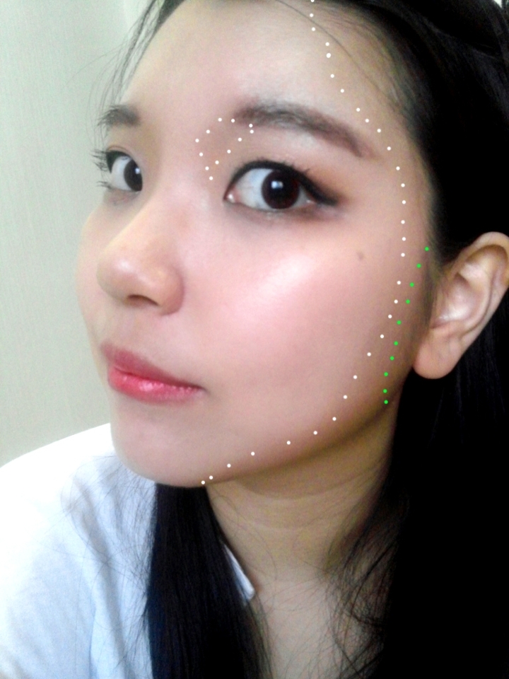 메이크업 샷이예요. 아침10시에 화장하고 오후6시에 찍은 사진이구요. 쉐딩은 따로 수정화장 하지 않았어요. 
앞에서 색 조합에 대해 언급했는데요, 
보통 저는 턱은 하얀점선- 밝은+중간톤 , 초록점선- 어두운톤
코 - 밝은+중간톤 으로 한답니다.