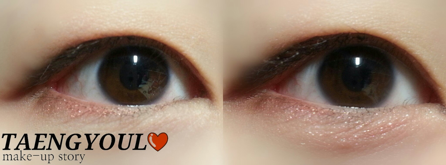 그레이브라운색 아이브로우로 언더점막~속눈썹뿌리 사이를 스치듯 여리게 발색해주세요 동공 밑 애교살에도 아주 여리게 발색해주신뒤 투명한 만다린 섀도우를 톡톡 얹어주세요