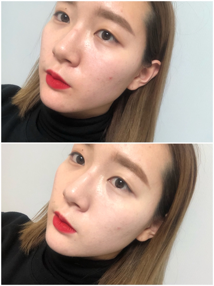 얼굴도 그렇고 피부상태도 정말 부끄럽지만..차이를 보여드리기 위해 올려봅니다! 위에가 바르기전 스킨케어,브로우/립메이크업만 마친 상태의 얼굴입니다! 아래는 사진상 오른쪽부분에만 제품을 바른 사진입니다! 위아래 사진으로도 확연히 비교되고 아래사진에선 왼쪽 오른쪽 얼굴도 비교가 되네요.. 확실히 뽀얘보이게 톤업이 되었어요! 커버력이 있는 제품은 아니라 흉터가 커버되진 않았지만 홍조도 적당히 잡히고 눈가에 있던 노란기도 잡혔어요! 너무 티나지도 않고 자연스러운게 여태까지 써본 톤업크림중 자연스러움 면에선 갑!!