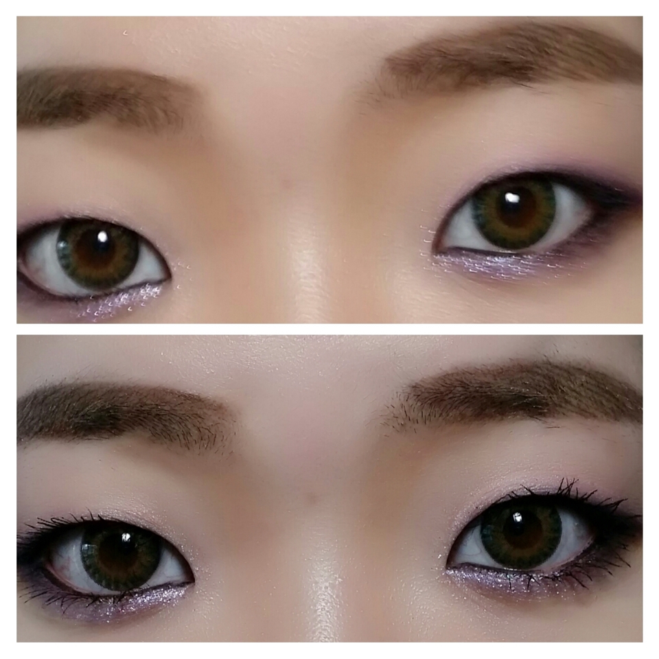 7. 마스카라를 위 아래로 꼼꼼히 해주세요.
8. 펄이 자글자글한 쿨한 색감의 보라 섀도우를 
    눈 앞머리에 애교살 중앙부분에 발라주세요.