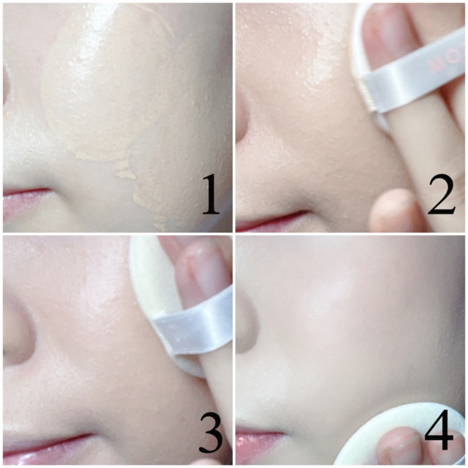 일부러 순서를 적어뒀어요!
1-2 : 쿠션을 찍고 전체적으로 톡톡 두드려가면서 피부에 두드려 밀착시키는 과정입니다!
3-4 : 이건 추가 과정인데요
마냥 그냥 촉촉하게 계속 광을 유지하고 싶다면? 2단계에서 끝내도 돼요.
그렇지만, 지금 코시국 상황인 것을 고려해서 '팩트로 번들거림 잡기' 단계도 해보시면 좋을 것 같아요.
그냥 쿠션까지만 하고 나가면 진짜 마스크 안에 엄청 묻어나요ㅠㅠ
그래서 개인적으로 팩트 처리를 좀 해주는데요, 너무 다 극강 뽀송하게 하진 않고, 마스크와 피부가 닿는 부위는 좀 더 신경써서 하고, 그외의 볼은 가볍게 톡톡해줍니다