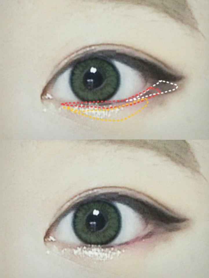 에뛰드룩앳마이아이즈쥬얼 스윙레드링으로 빨간색점선을 채우고
눈물파우더를 노란색점선부분에 올려줍니다
이파우더는 가루날림이 심해서 다른 제품사용하시는걸 추천해요
