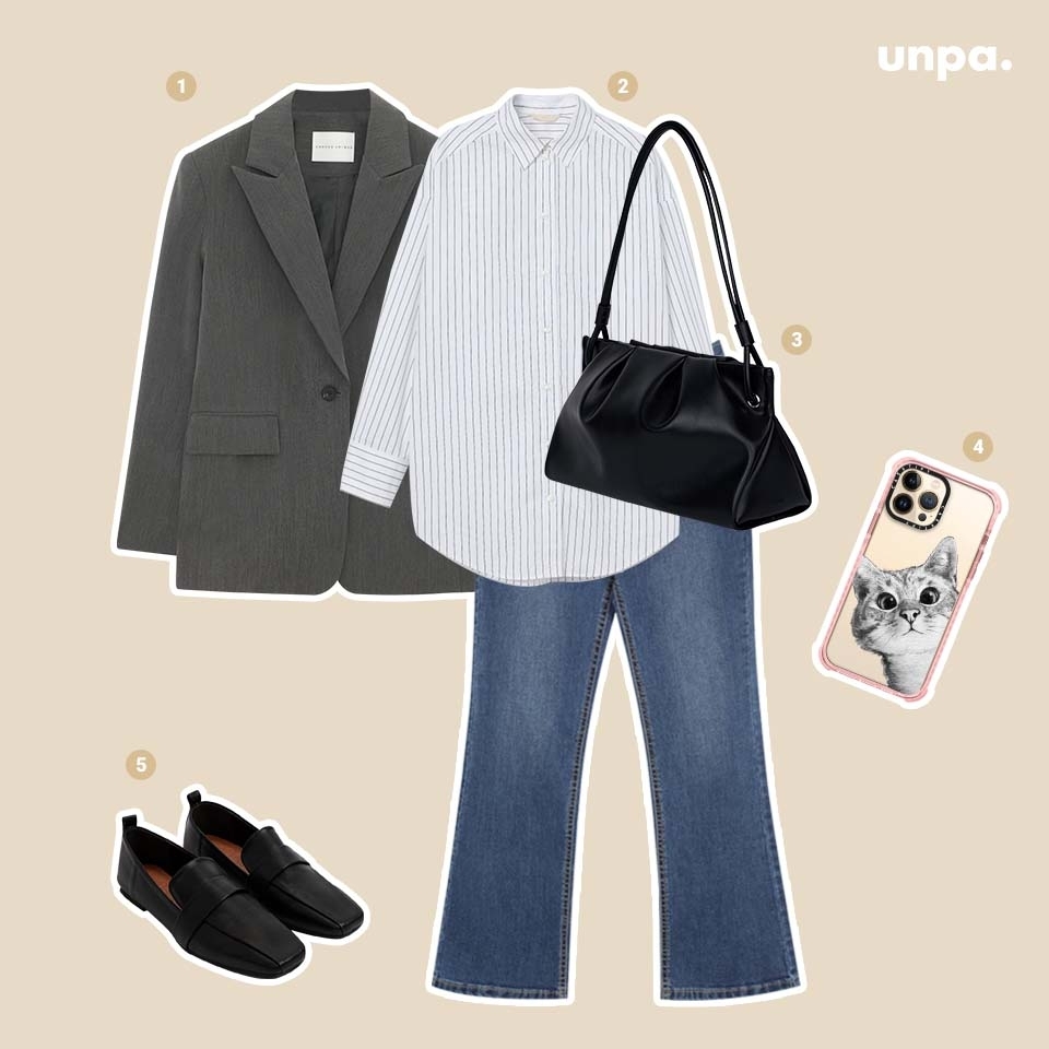 1. 커먼유니크 플렌티폴 세트-업 싱글 자켓
2. H&M 오버사이즈 코튼 셔츠
3. MUNIER  PLEATS SHOULDER BAG
4. CASETIFY peekaboo cat 케이스
5. 소보제화 스퀘어 소프트 모던 페니 로퍼

차분한 그레이 컬러 자켓과
블랙 숄더백, 로퍼로
시크한 가을 스타일을
완성해 보는건 어떨까?

전체적으로 어두운 계열의
아이템을 매치해 차분하고
도시적인 느낌을 주었어