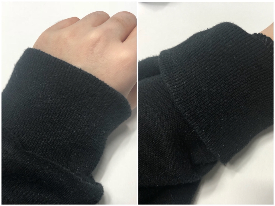 이 사진은 묻어남 비교사진이에요! 손등발색한 다음에 사진도 찍고 얼굴 발색샷도 찍고 하느라 시간이 좀 많이 지났는데 그사이에 밀착이 완벽히 됐더라구요! 제품 소개에 나왔던것처럼 정말 묻어남이 없었어요! 물론 옷위에서 세게 문질문질하면 당연히 묻어나지만.. 살짝 눌리거나 닿는정도론 전혀 안묻어나더라구요! 신기해요 