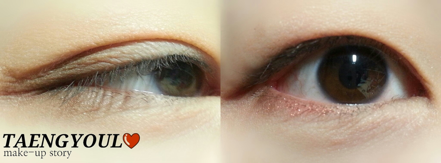 연한 카라멜색상의 무펄섀도우로 베이스를 깔고 눈꼬리쪽에<자로 진한 갈색섀도우를 발색해주세요 붉은 갈색 섀도우로 눈끝부분-동공 끝부분 길이만큼 언더의 4분의1정도의 굵기만큼 발색해주세요.