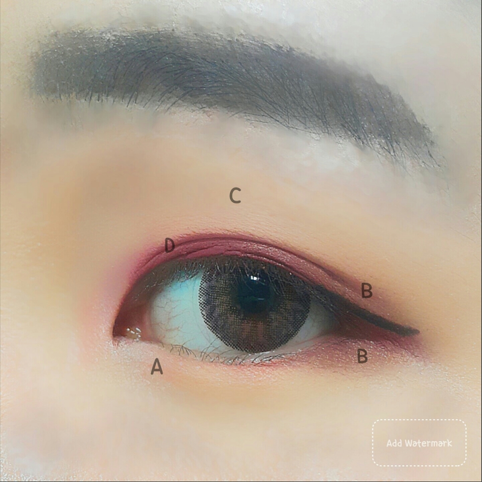 한번 제 스타일 대로 메이크업을 해보았어요!

A- 애굣살에 포인트를 주었어요
B- 버건디와 이어지게 눈꼬리 쪽에 블렌딩, 삼각존에 블렌딩 해주었어요
C- 아이홀까지 베이스로 깔아주었어요
D- 메인 컬러로 눈앞머리부터 2/3 지점까지 블랜딩 해주었어요