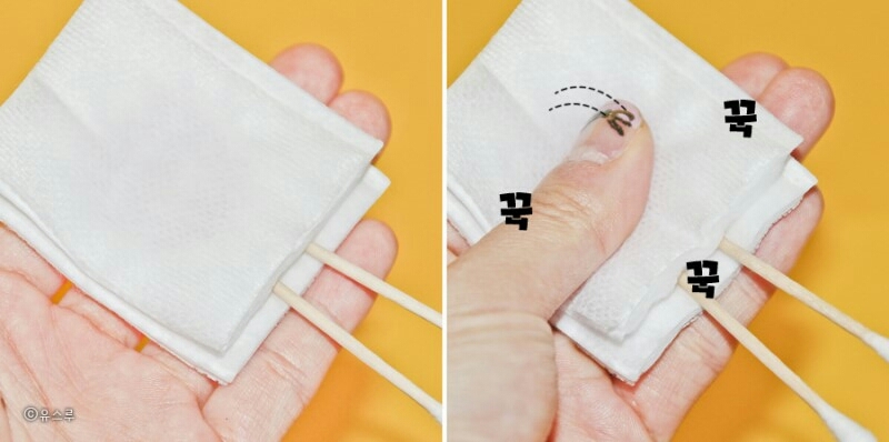 그 화장솜 위에 사진처럼 면봉 두개, 새 화장솜 한장을 얹고 꾹꾹눌러 다같이 짜내어도 리무버가 짜지지 않을 정도로 골고루 적셔 나눠줍니다

눈건강에 안좋으니 충분히 리무버를 사용하되, 닦으며 눈에 들어가지 않게 하기 위함이예요