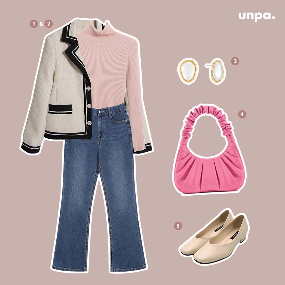 1. 나인 셋업 코코 트위드 자켓
2. 나인 N시그니처 T009-베이직 목폴라 니트
3. 타티아나주얼리
웨이브 언밸런스 진주 귀걸이_EC1672
4. JW PEI 가비백
5. 슈마루 바이니스퀘어브이플랫

가을겨울이지만
핑크 사랑을 놓칠 수 없는
언파 구독자들을 위해
격식룩 필수템 트위드자켓으로
핑크 코디를 완성해 보았어♥

고급스러운 트위드 소재와
살짝 톤 다운된 핑크색 니트로
차분하고 페미닌한 무드를 연출 가능!
중요한 자리가 있거나
데이트룩이 고민이라면 추천할게!