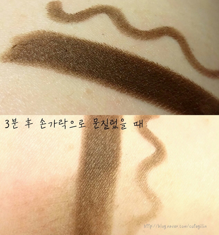 장점: 저렴이, 얇음, 선명한 발색과 적당한 부드러움
단점: 번짐

이 제품은 질감과 발색, 발림감 모두 만족했지만
아쉽게도 약간의 번짐이 있었습니다.

심이 얇아서 좋더라구요.
또 워터프루프 제품이라 물에는 은근 강했습니다
