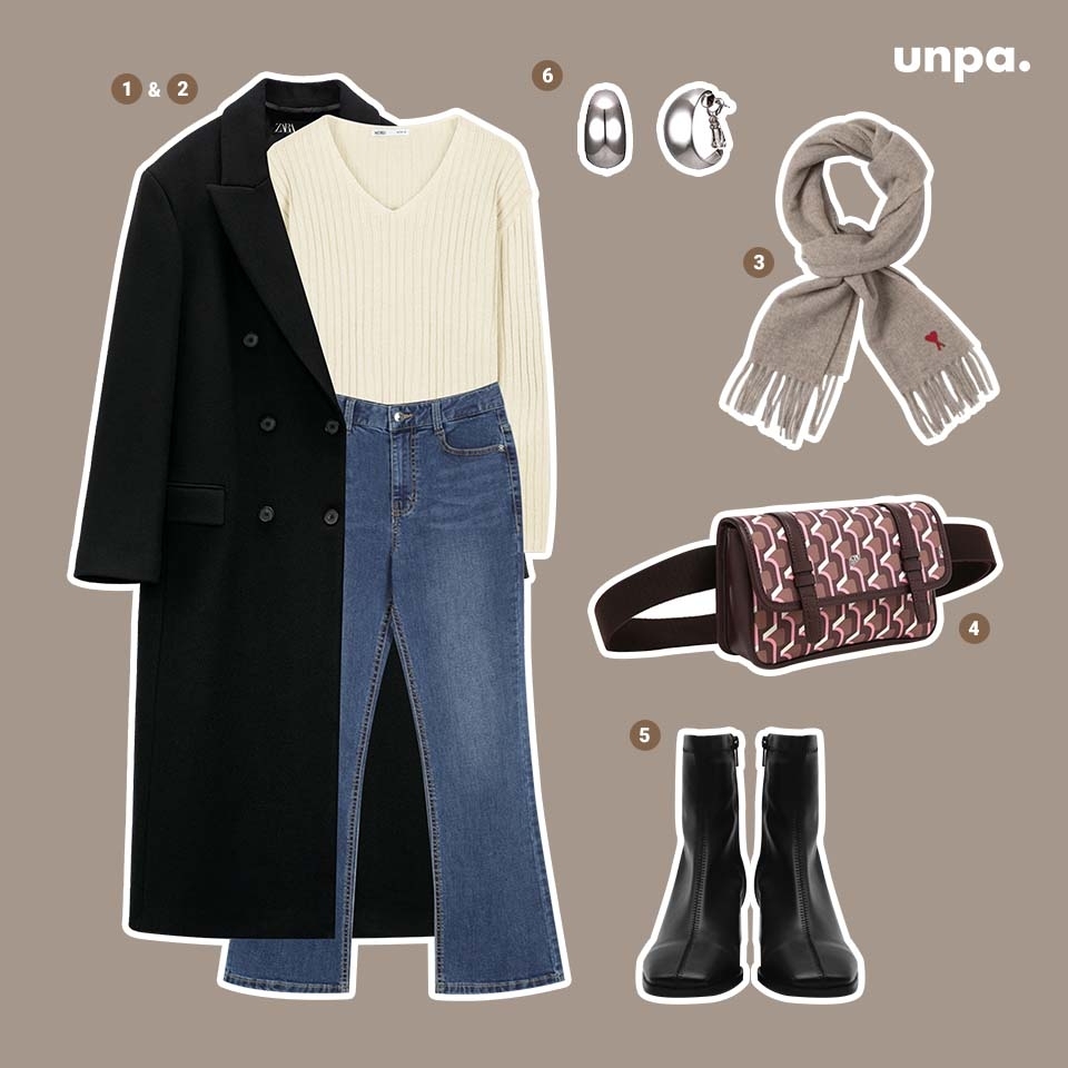 1. 자라 오버사이즈 울 코트
2. 미쏘 브이넥 골지 스웨터
3. Ami  Classic Scarf with Ami Heart Embroidery
4. rosa.k TITON MONOGRAM SLING ROSE COGNAC
5. 사뿐 렌서티 스판 앵클부츠
6. roaju glossy hoop earring

점점 추워지는 날씨,
하나쯤 있으면 활용도가 높은
롱코트와 청바지로 유니크하면서
멋스러운 코디를 준비해 봤어 :-)

가방은 특별히
벨트백으로 준비해 보았는데,
크로스백으로 연출하거나
또는 아우터 단추를 모두 잠그고
패션 벨트처럼 코디해
레퍼런스 사진처럼 색다른
느낌을 주어도 좋을 것 같아!




그럼 에디터가
추천한 룩북을 잘 참고해
이번 주도 스타일리시한
한주가 되길바래 ヽ〳 ՞ ᗜ ՞ 〵ง