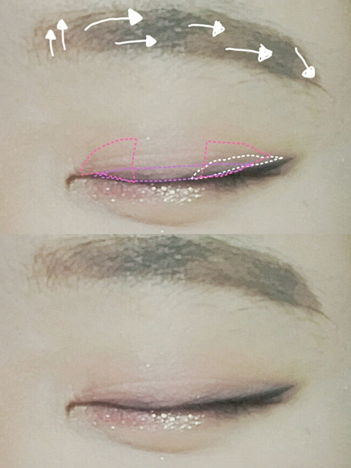 디올섀도1번으로 분홍색점선을채우고
2번으로 보라색점선을,3번으로는 흰색점선을채워 조금더 깊이있어보이게 해줍니당
저는 조금더 핑크빛이돌게하고싶어서 디올섀도1번부분에 
모노아이즈에브리데이를 한번더 발라줬어요
눈썹은 브로우카라를 이용해 밝게해줬어요