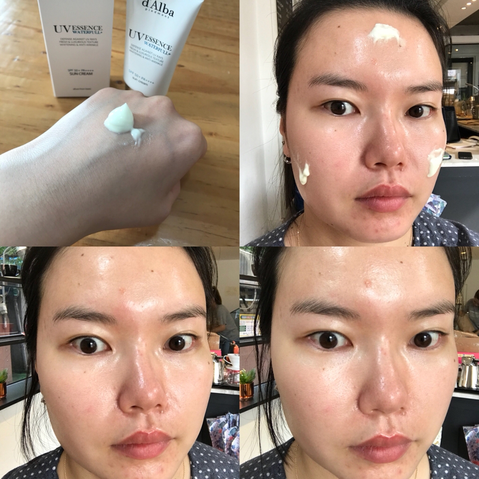 이번엔 얼굴에 발라볼게요 !
선크림 사용 적정량은
보통 500원 사이즈라고 하는데
이것도 좀 애매한 것 같아요
저는 키세스 초콜렛 1개 사이즈 만큼이 더 이해하기 쉽더라구요 ㅇㅅㅇ/
여러분도 참고하세용 >_<

스킨 로션 단계까지만 해주고
바로 달바 워터풀 에센스 선크림을 발라줬어요
날이 더워서 수분크림 대용 겸 성크림으로 사용하면 좋을 것 같아서요 !

