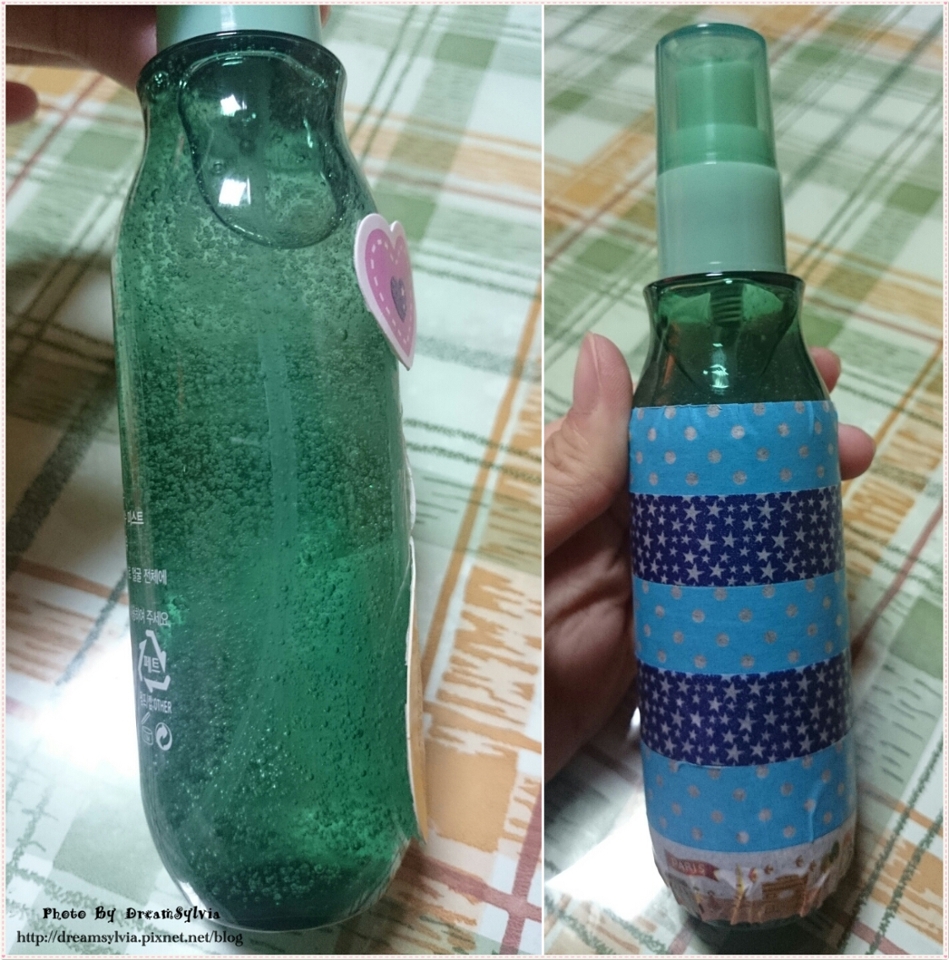 最後,真心建議
蘆薈膠千萬別貪心加太多
否則噴出來不是水狀(噴霧)
而是水凝露狀的歐 XD
(切身感受啊~~)

然後我原本是貼東西裝飾空瓶啦
(根本是沒撕好有殘膠...醜醜的)
但是我發現這樣貼容易掉
所以就改換手邊有的紙膠帶來包裝 😱
記得背後要留一點空白，這樣才知道用量歐