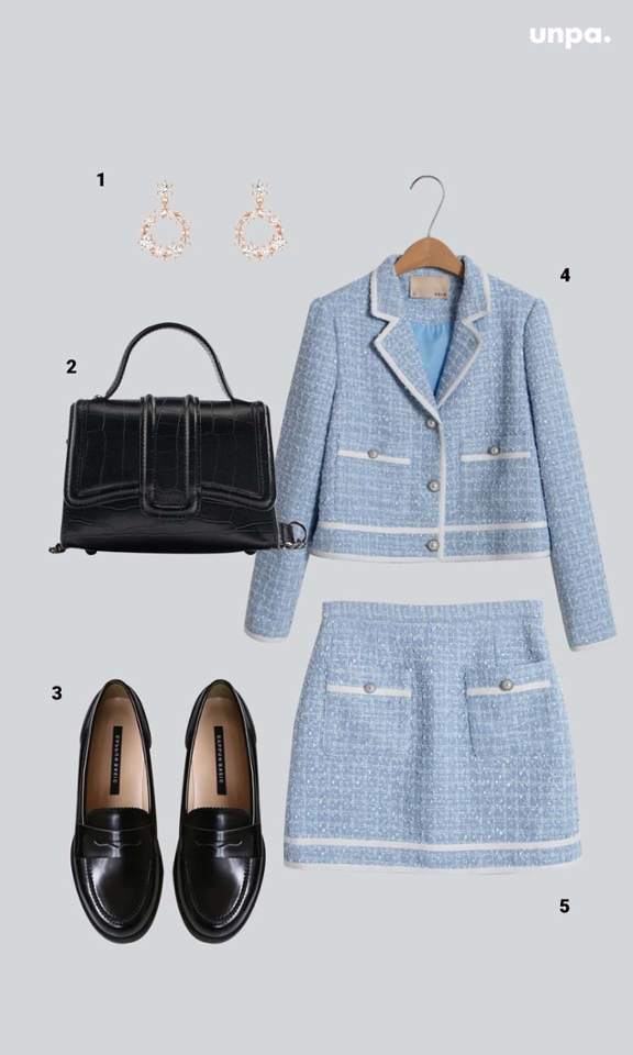 1. 제이에스티나 / 제이블랑 귀걸이 로즈골드
2. 자라 / 미니 시티백
3. 사뿐 / 라토스 페니로퍼
4. 나인 / 라인 파스텔 트위드 셋업 자켓
5. 나인 / 라인 파스텔 트위드 셋업 스커트

코디가 어렵다면 이런 셋업 어때 ?!
하나 장만하면 활용도가 다양하다구 !!
특히 봄 하면 떠오르는 트위드 소재의 셋업은
고급스러우면서도 
컬러감에 따라 귀엽기도 하고 여성스럽기도 한
반전의 아이템으로 추천해♥

여기에 요즘 유행하는
미니백까지 포인트로 들어주면
어디서든 신부 다음으로
주목받는 예쁜 하객룩을 완성할 수 있어!